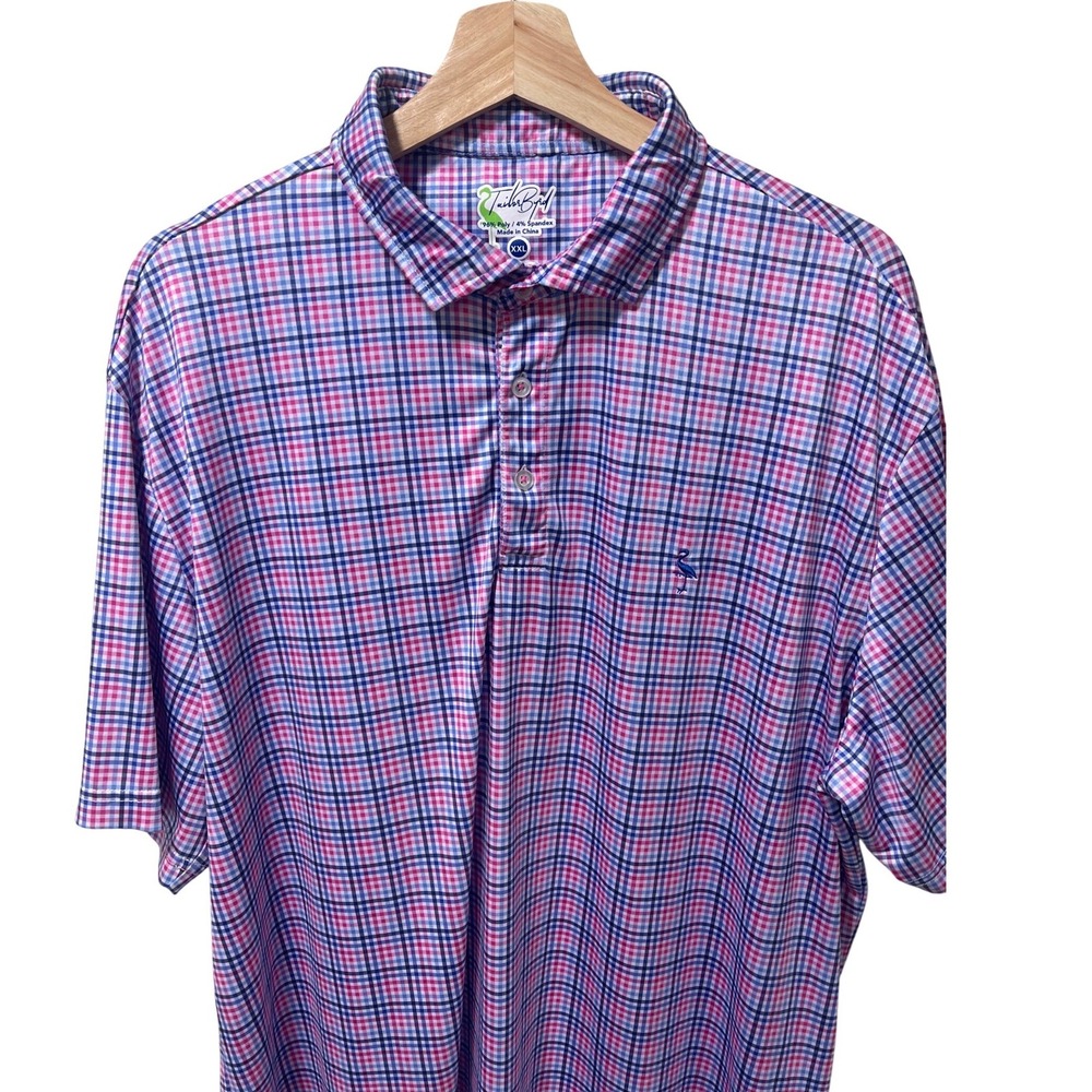 TailorByrd Mens XXL Pink Blue Plaid‎ Performance Polo Shirt Flamingo Logo